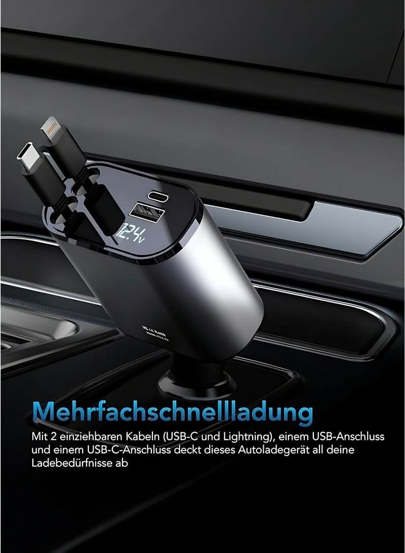 4-in-1 Retractable Car Charger USB-C Fast Charging Car Adapter with Built-in Cables for iPhone & USB-C Devices - Image 3